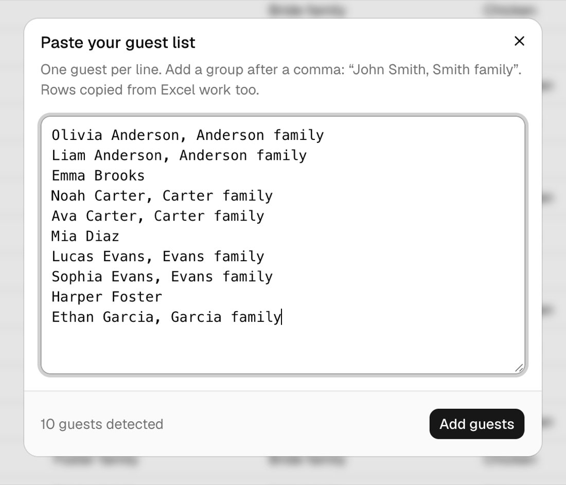 The “Paste your guest list” dialog with ten names and family groups, showing “10 guests detected”